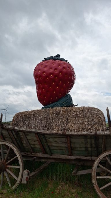 Rote, überdimensionale Erdbeere auf einem Wagen vor bewölktem Himmel.